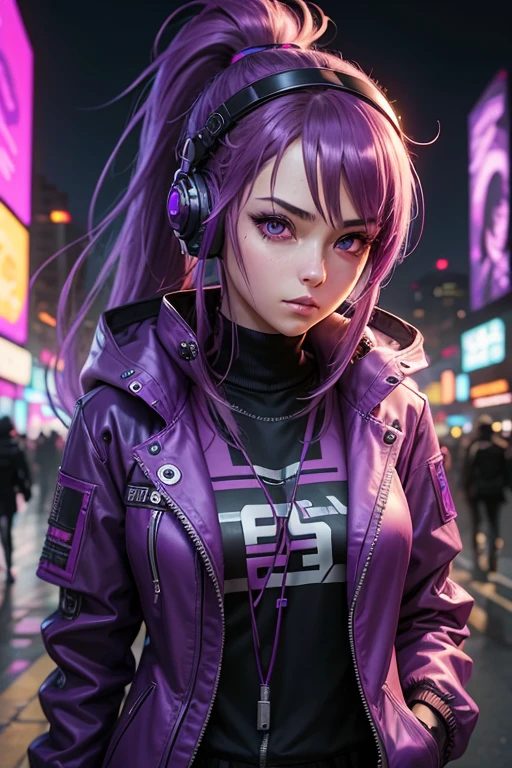 ((Best Quality)), Girl, 2d Anime, masterpiece, detailed ,scientific, purple eyes, ponytail hair, hair purple, ciberpunk outfit, cyberpunk headset, Cyberpunk Style, cyber wallpaper, purple survival jacke,