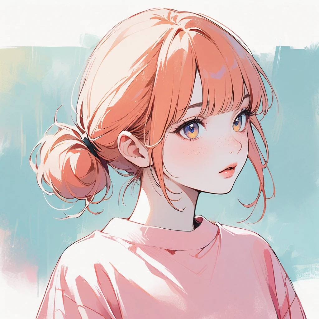 Girl, slim, pale skin, light hazel eyes, freckles, pastel orange hair, ginger, pure, straight bangs, low buns, beautiful 