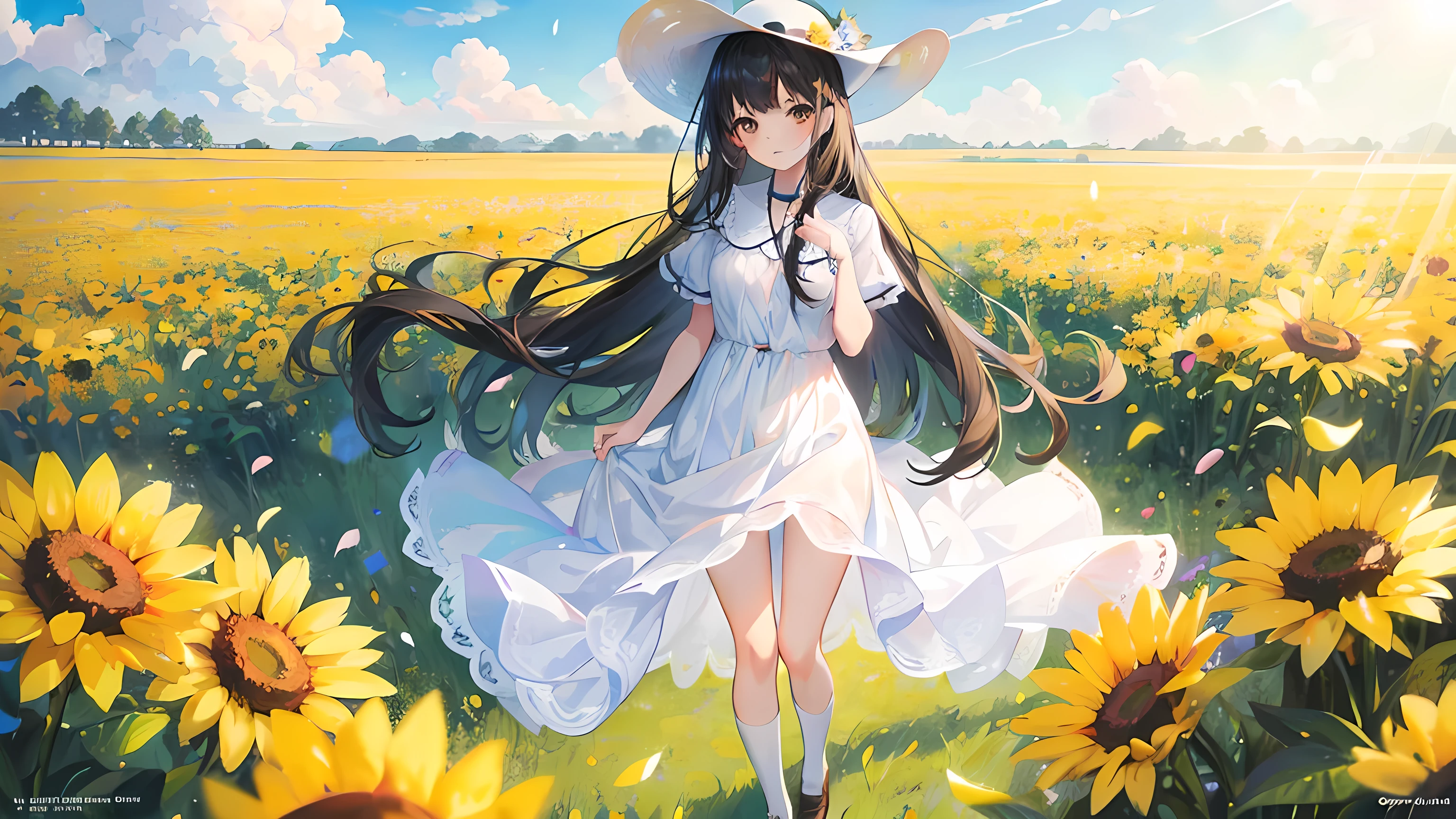 anime girl standing in a field of flowers, beautiful flower field, clear sky, beautiful sunlight, wind, (1girl), long black hair, brown eyes, small breasts, light blue small dress, white socks, sun hat, smile, amazing anime artwork, masterpiece, high res, 8k