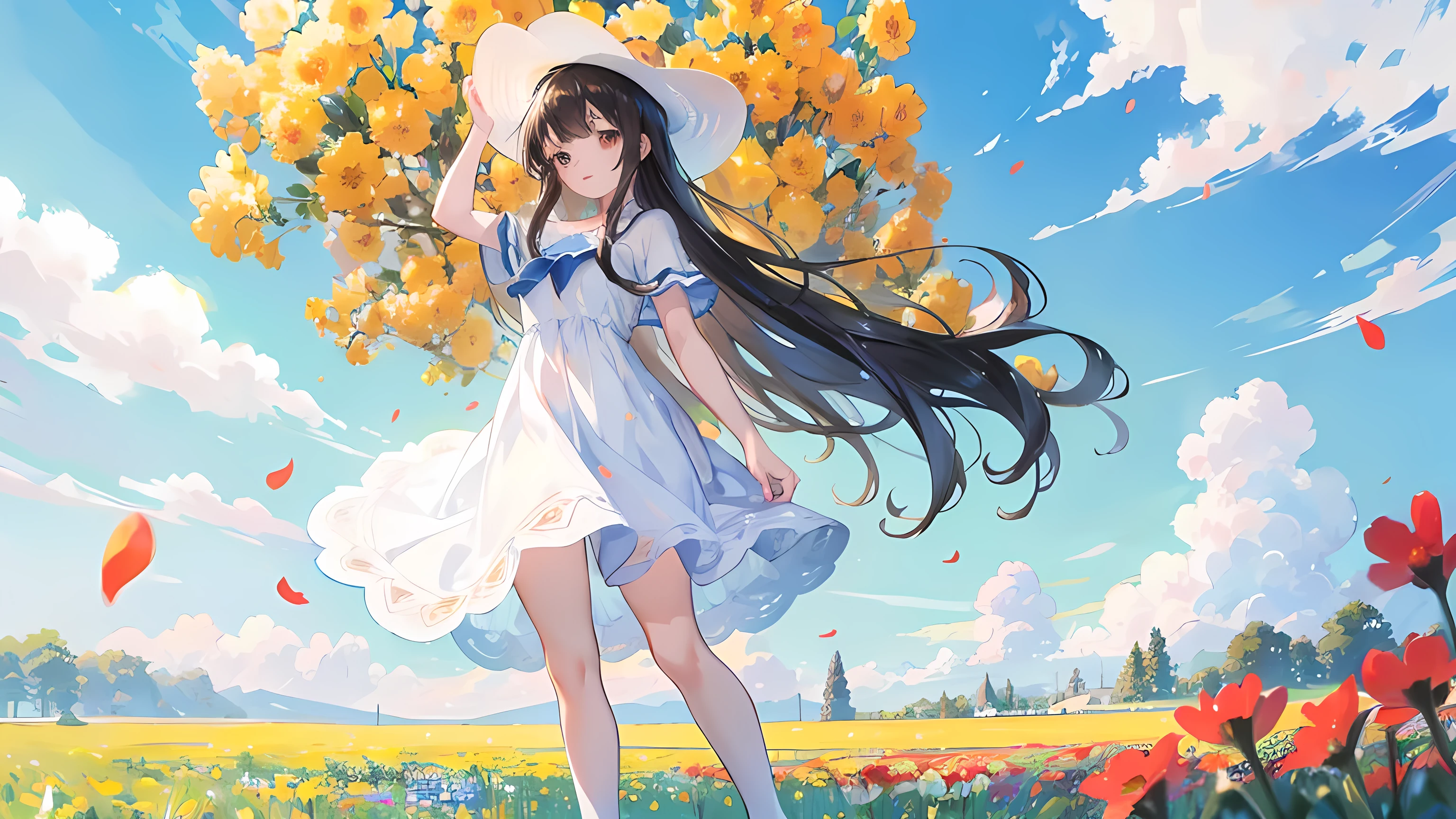 anime girl standing in a field of flowers, beautiful flower field, clear sky, beautiful sunlight, wind, (1girl), long black hair, brown eyes, small breasts, light blue small dress, white socks, sun hat, smile, amazing anime artwork, masterpiece, high res, 8k