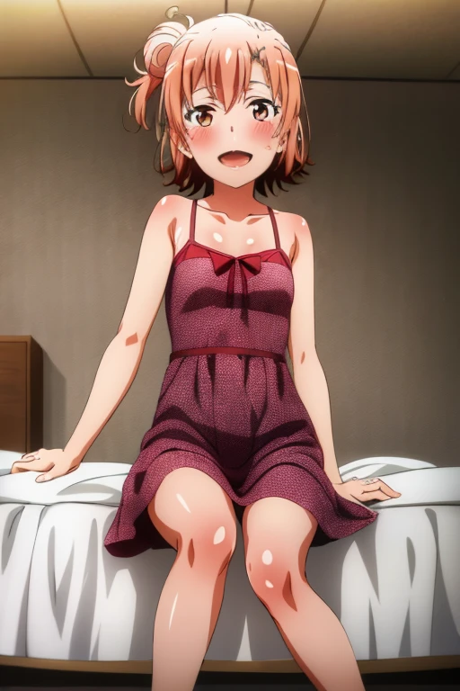 ((highest quality)), ((masterpiece)), (be familiar with), Perfect Face, indoor, Bedroom, Watching the audience,
One woman, Yuigahama Yui,
Open Mouth, Ecstatic expression, blush, smile,
Small breasts, Flat Chest, Young Girl, , , Girl,
Short Hair, Salmon-colored hair, Salmon-colored eyes, Side Pony,
Leg spread,