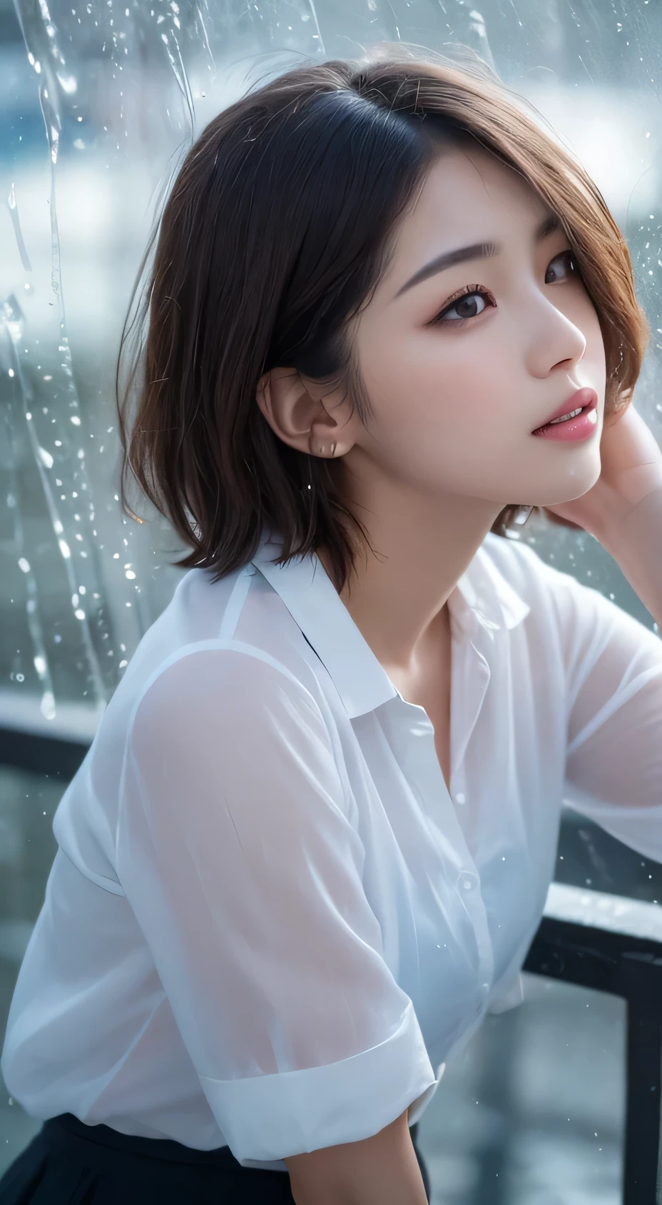 Details, high resolution, high definition, perfect and dynamic composition, beautiful and delicate eyes, medium hair, natural lips, 20-year-old girl, alone, clear skin, shiny hair, on the table, top quality , figure , super detail, fine detail, high resolution, 8k, (raining) (raining) (raining) (raining) (raining) Drops of hair, accurate human body condition, cute pose, short bob, perfect beautiful face , KPOP idol's face, there is a feeling of ecstasy on the face, gray underwear, blue miniskirt, raining, wet in the rain, transparent shirt, the background is the sea, a random kind of female model Dressed'Fashion Magazine