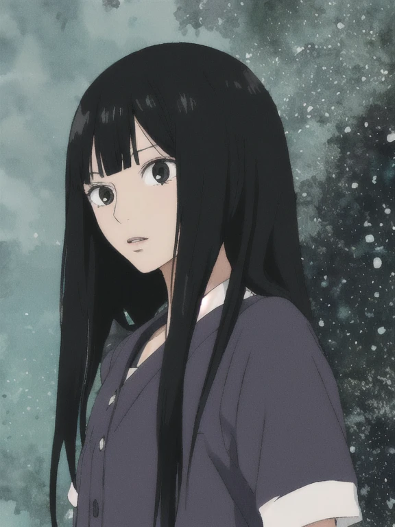 Obra maestra, mejor calidad,
 Sawako, pelo negro, pelo largo, flequillo contundente, ojos negros, corte de hime,
1 chica,mujer,
 shukezouma,(illustration:1.1),(mejor calidad),(Obra maestra:1.1), (solo:1.2),high resolution, (salpicaduras de tinta),(acuarela),