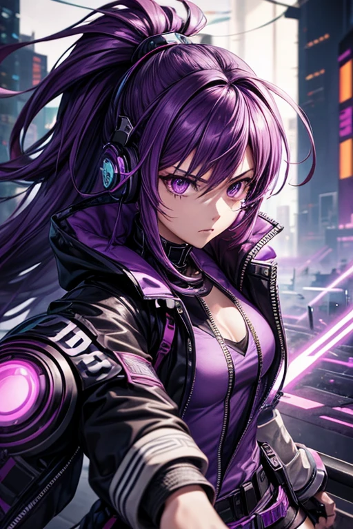 ((Best Quality)), Girl, 2d Anime, masterpiece, detailed ,scientific, purple eyes, ponytail hair, hair purple, ciberpunk outfit, cyberpunk headset, Cyberpunk Style, cyber wallpaper, purple survival jacke, angry, battle daggers