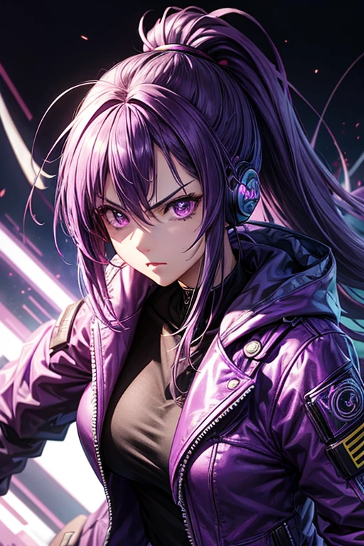((Best Quality)), Girl, 2d Anime, masterpiece, detailed ,scientific, purple eyes, ponytail hair, hair purple, ciberpunk outfit, cyberpunk headset, Cyberpunk Style, cyber wallpaper, purple survival jacke, angry, battle daggers