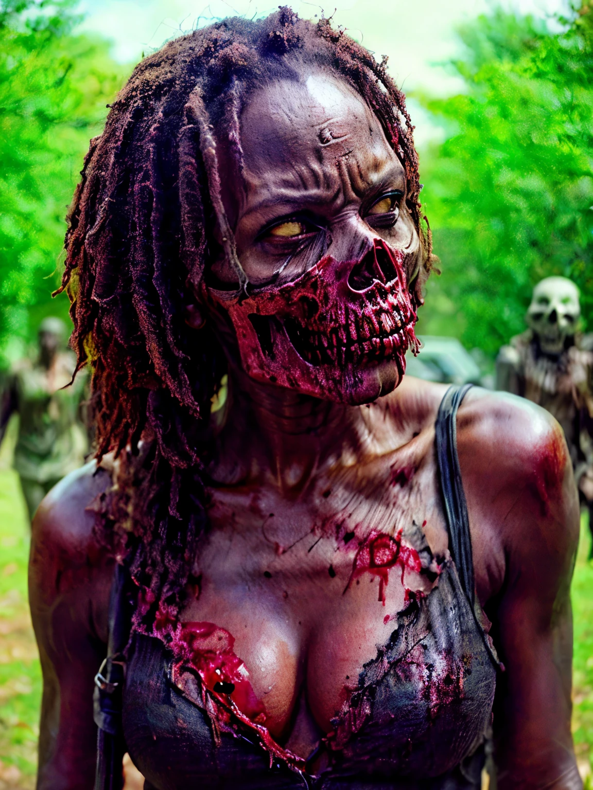 masterpiece, best quality:1.2), ((RAW photo, Best quality)), (Realistic, photo-realistic:1.2). (((Michonne a black evil zombie woman))) , (((blood, hottinig, skull face ))), ((horror, creepy)) , night, (((White eyes))). angry. ((( Exposed brain))), ((Pale or Grey skin)), wounds, empty eyes, torn clothes, slow movements, guttural noises, aggressive and cannibalistic behavior. Cinematic lighting.