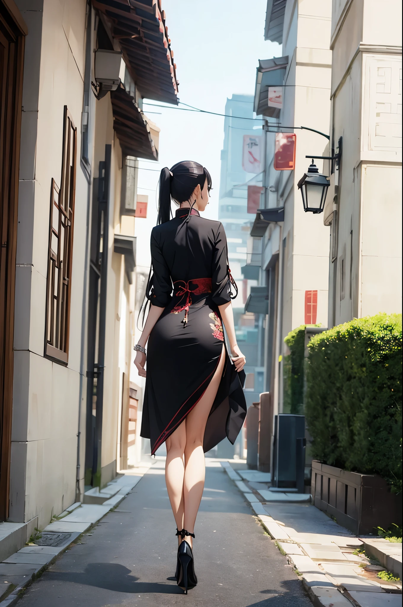 a sexy woman, (best quality), (masterpiece), (1girl), slim, anime, (chinese dress), (walking), (protrait), (full body view), (view from behind), (looking to the left)