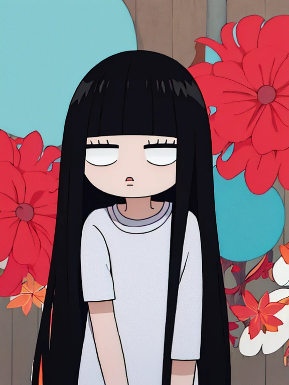 Chibi Sawako,chibi,pelo negro,pelo largo,flequillo contundente,ojos negros,corte de hime,
,,Camisa blanca,pajarita roja,camisa de cuello,mangas largas,
fondo floral,