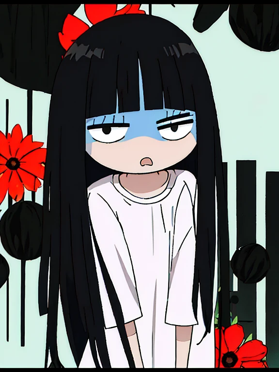 Chibi Sawako,chibi,pelo negro,pelo largo,flequillo contundente,ojos negros,corte de hime,
,,Camisa blanca,pajarita roja,camisa de cuello,mangas largas,
fondo floral,
