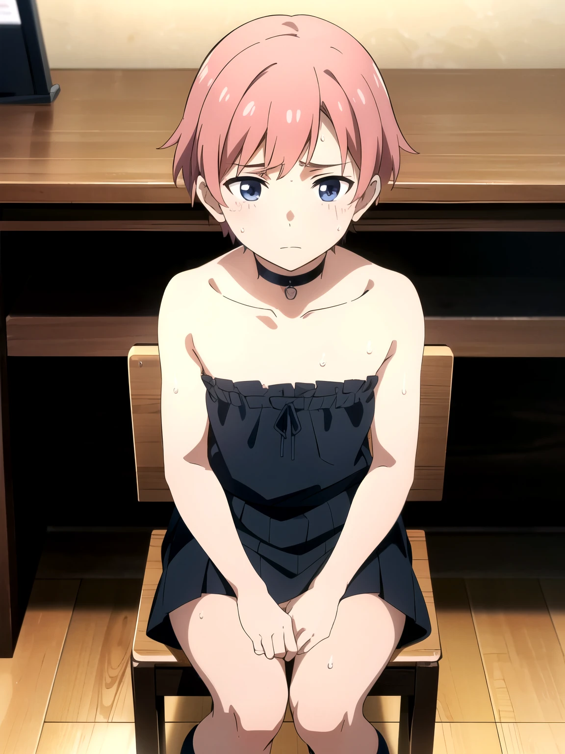 masterpiece, best quality, anime style, female, big eyes (doll-like), pink hair with curls, pink ears (cat-like), 18 years old, erotic, full body, kneeling, head tilted back, sucking a penis, revealing black lace lingerie, purple choker, black stockings with white frills, light pink lipstick, tongue visible, blurry background, indoors, dim lighting, Japanese-style room, window curtains billowing, hair tied in high ponytail with pink hair ties, earrings shaped like small hearts, heavily lined eyes, glossy lips, half-closed eyes, outstretched hand (stroking the man