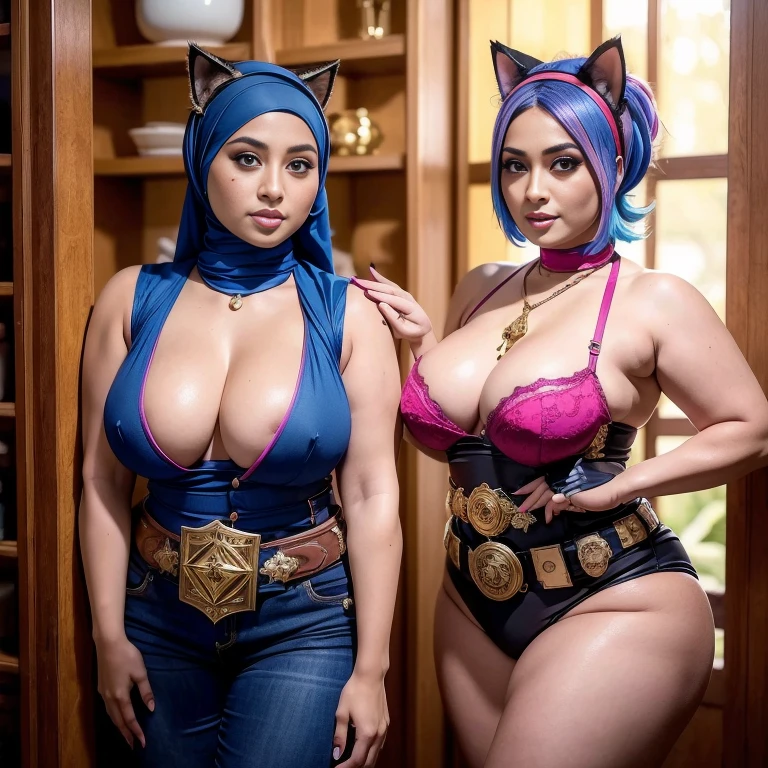 (Real anime age: 42 yo MILF), best quality,masterpiece,8k wallpaper,absurdres, highres, ultra detailed, (1 beautiful milf, solo:1.1),eula_in_genshin, cowboy shot, 1girl, (blue short hair:1.5), (fleshy thicc body), (I have thicc arms:1.75), breedable hips, (I'm walking on steep road), cool & collected, (black hairband),a leotard with a white top and black bottom, sleeveless, blue necktie, jewelry on the shoulder, full body,outdoors,Cat ears, Soft lighting, groups, Wear shabby clothes, Dirty, Tattered futuristic military uniform, Cat's paw badge, Pose, spot color, rendering by octane, Ultra-realistic intricate details, big breasts, big breasts, big breasts, two MAPAY women in lingerie posing for a picture in a room, oppai, posing together in bra,red bra, all red, oppai proportions, sexy :8k, 4 k, big breasts!, bottom angle, big breasts!!, Malay beauties, biomechanical oppai, fujita goro and jones, thicc, wearing hijab, hijab star, hijab gorgeous, hijab super model, Malaysian girls group,malay, The whole body consists of a young girl with hijab, Eye makeup, 21yo, Cat ears, Soft lighting, group, Wear shabby clothes, Dirty, Tattered futuristic bikini, Cat's paw badge, Pose, spot color, rendering by octane, Ultra-realistic intricate details, Cinematic, 8K resolution, 70mm, emphasis lighting, Global illumination, (((wearing a Sexy belt design by LV))) Surreal full-body figure, Beautiful and delicate body and face, gorgeous figure, ssmile, Titillating,Surreal full-body figure,Beautiful and detailed body and face, Super vista, White skin of the, vivd colour,🔥8k, (masterpiece), (((highest quality)), (super detailed), 2 girls, (iridescent hair, colorful hair, half blue and half pink hair: 1.2), 38 years old, (Gorgeous Malay Girls: 1.2), outdoor, bangs, smile, sky blue eyes, perfect hands, perfect hands, hand details, corrected fingers. Earrings, Night Store + Background, looking_at_viewer, Cowboy Shot, Top Quality, Rich Detail, Perfect Image Quality, big breasts, slender body