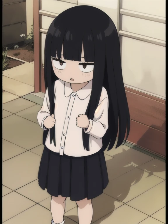 Chibi Sawako,chibi,pelo negro,pelo largo,flequillo contundente,ojos negros,corte de hime,
,chaqueta de sport,Camisa blanca,pajarita roja,camisa de cuello,mangas largas,
fondo floral,