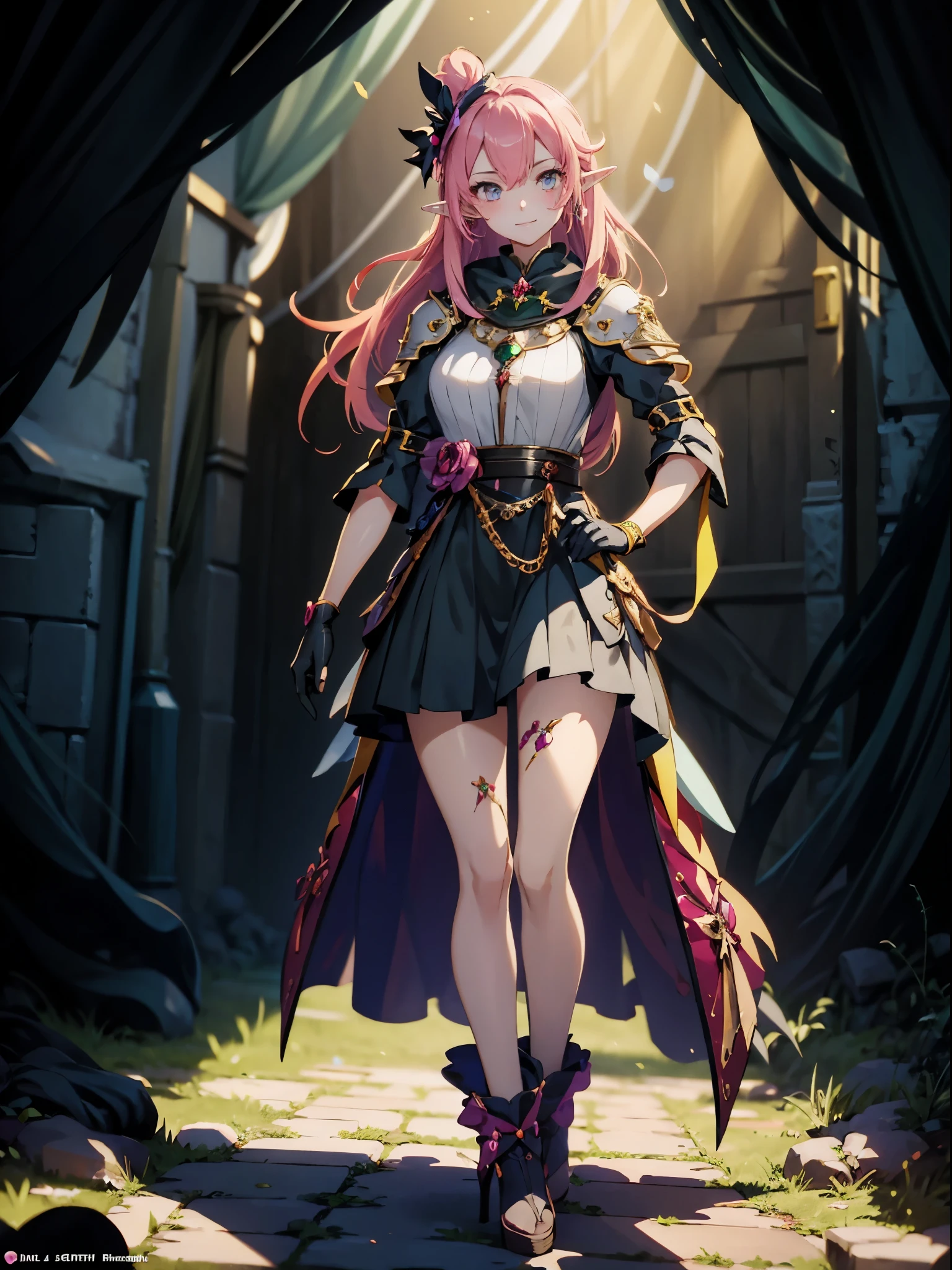 1 girl anime in a dress and hands wearing gloves, pink hair, cushart krenz key art feminine, portrait knights of zodiac girl, detailed key anime art, high detailed official artwork, detailed digital anime art, trending on artstation pixiv, 2. 5 d cgi anime fantasy artwork, detailed anime character art, alluring elf princess knight, astri lohne, smile, Full body