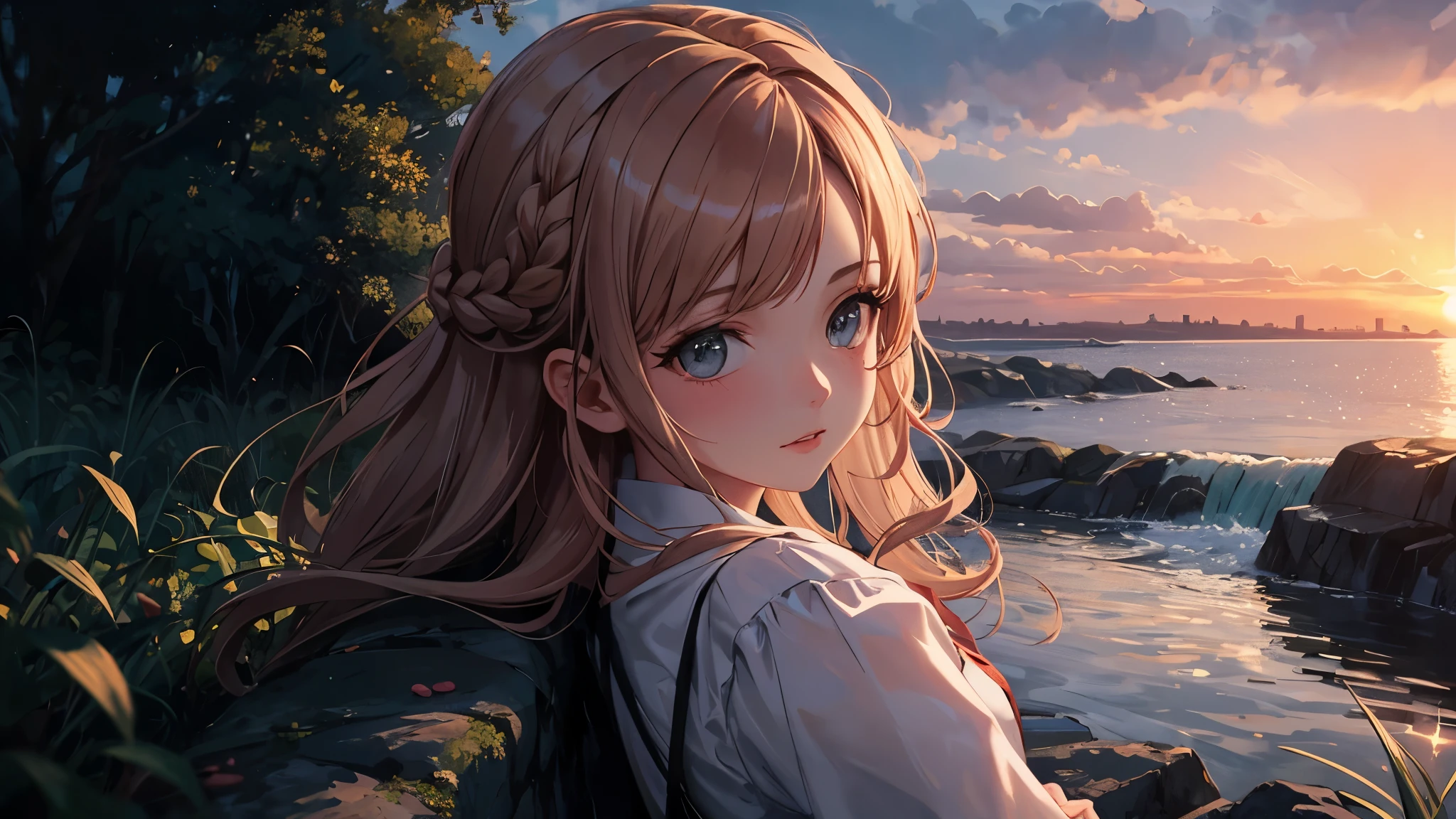 (masterpiece misguided style, best quality, dusk:1.3), a cute irish girl, portrait-type, copper, chubby, , gray waterfall braid, sunset background, Exquisite, trending on CGSociety