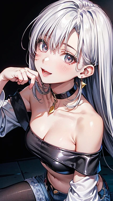((highest quality)), ((masterpiece)), (detailed), (Character Focus、breast focus), (One Girl: 1.5)、4k、((Symmetrical facial features)), Anime 2D Rendering, Realistic young anime woman,
Perfect Face, (Anime eyes:1.2、Beautiful fine details、Shining Eyes), Beautiful body, Beautiful thighs, Beautiful feet, (White beautiful skin:1.5)、Perfect round butt、 Slightly larger breasts、20-year-old、
Blue Hair、(Airy Long Hair)、dark red eyes、Earrings、Gold Necklace、Belly button sticking out、
((black off shoulder top:1.4)、(Denim shorts:1.2)、(Black Pantyhose:1.2)、(High-top sneakers))、(Black choker:1.2)、
Captivating smile、turn around、