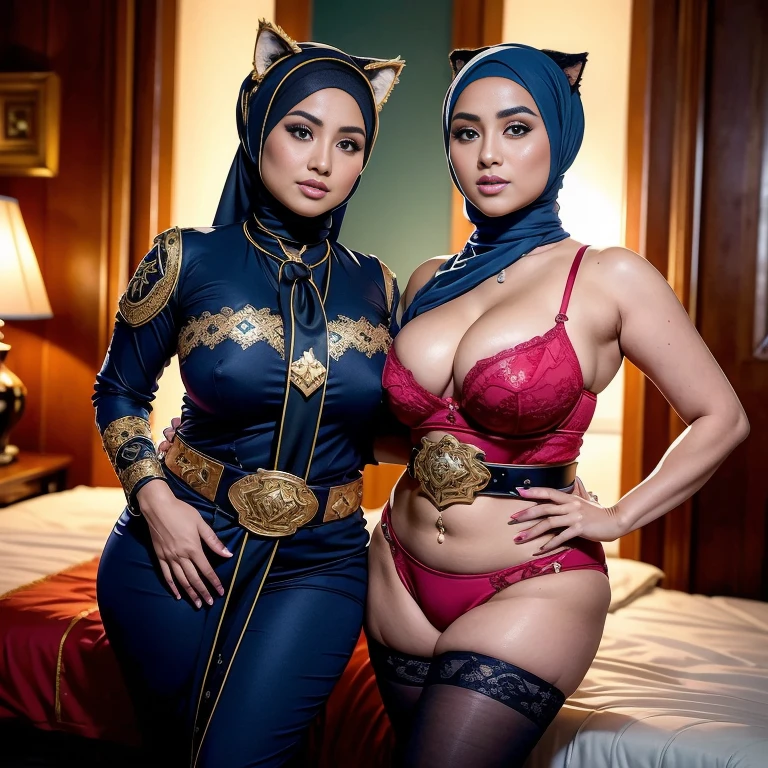 (Real Malay Hijab anime age: 42 yo MILF), best quality,masterpiece,8k wallpaper,absurdres, highres, ultra detailed, (1 beautiful milf, solo:1.1),eula_in_genshin, cowboy shot, 1girl, (blue short hair:1.5), (fleshy thicc body), (I have thicc arms:1.75), 1arm behind my head, embarrassed, black hairband,a leotard with a white top and black bottom, sleeveless, blue necktie, jewelry on the shoulder, full body,outdoors, world of Tevyat from Genshin Impact, hillichurl's camp, grass field, green plants, flowers,BREAK, realistic, ultra-detailed, big breast, malay, The whole body consists of a young girl with hijab, Eye makeup, 21yo, Cat ears, Soft lighting, groups, Wear shabby clothes, Dirty, Tattered futuristic military uniform, Cat's paw badge, Pose, spot color, rendering by octane, Ultra-realistic intricate details, big breasts, big breasts, big breasts, two MAPAY women in lingerie posing for a picture in a room, oppai, posing together in bra, MIRA FILZAH and IMAN TAYORE, red bra, all red, oppai proportions, sexy :8, 4k], 4 k ], big breasts!, bottom angle, big breasts!!, Malay beauties, biomechanical oppai, fujita goro and jones, thicc, wearing hijab, hijab star, hijab gorgeous, hijab super model, Malaysian girls group,malay, The whole body consists of a young girl with hijab, Eye makeup, 21yo, Cat ears, Soft lighting, group, Wear shabby clothes, Dirty, Tattered futuristic bikini, Cat's paw badge, Pose, spot color, rendering by octane, Ultra-realistic intricate details, Cinematic, 8K resolution, 70mm, emphasis lighting, Global illumination, (((wearing a Sexy belt design by LV))) Surreal full-body figure, Beautiful and delicate body and face, gorgeous figure, ssmile, Titillating，Surreal full-body figure，Beautiful and detailed body and face, Super vista, White skin of the, vivd colour,🔥8k,