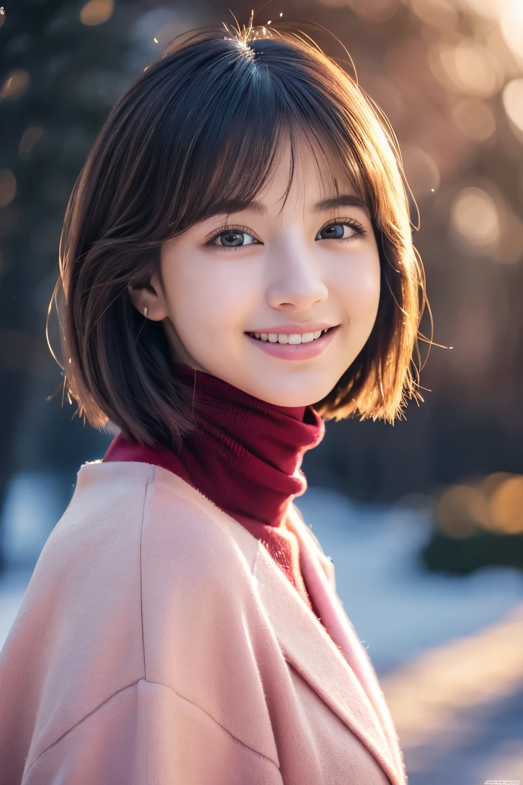 1girl in, (Red Turtleneck, Wearing a pink coat:1.2), (Raw photo, Best Quality), (Realistic, Photorealsitic:1.4), masutepiece, Extremely delicate and beautiful, Extremely detailed, 2k wallpaper, amazing, finely detail, the Extremely Detailed CG Unity 8K Wallpapers, Ultra-detailed, hight resolution, Soft light, Beautiful detailed girl, extremely detailed eye and face, beautiful detailed nose, Beautiful detailed eyes, Short hair, Cinematic lighting, Winter scene, Perfect Anatomy, Slender body, Smiling
INFO　camisole
