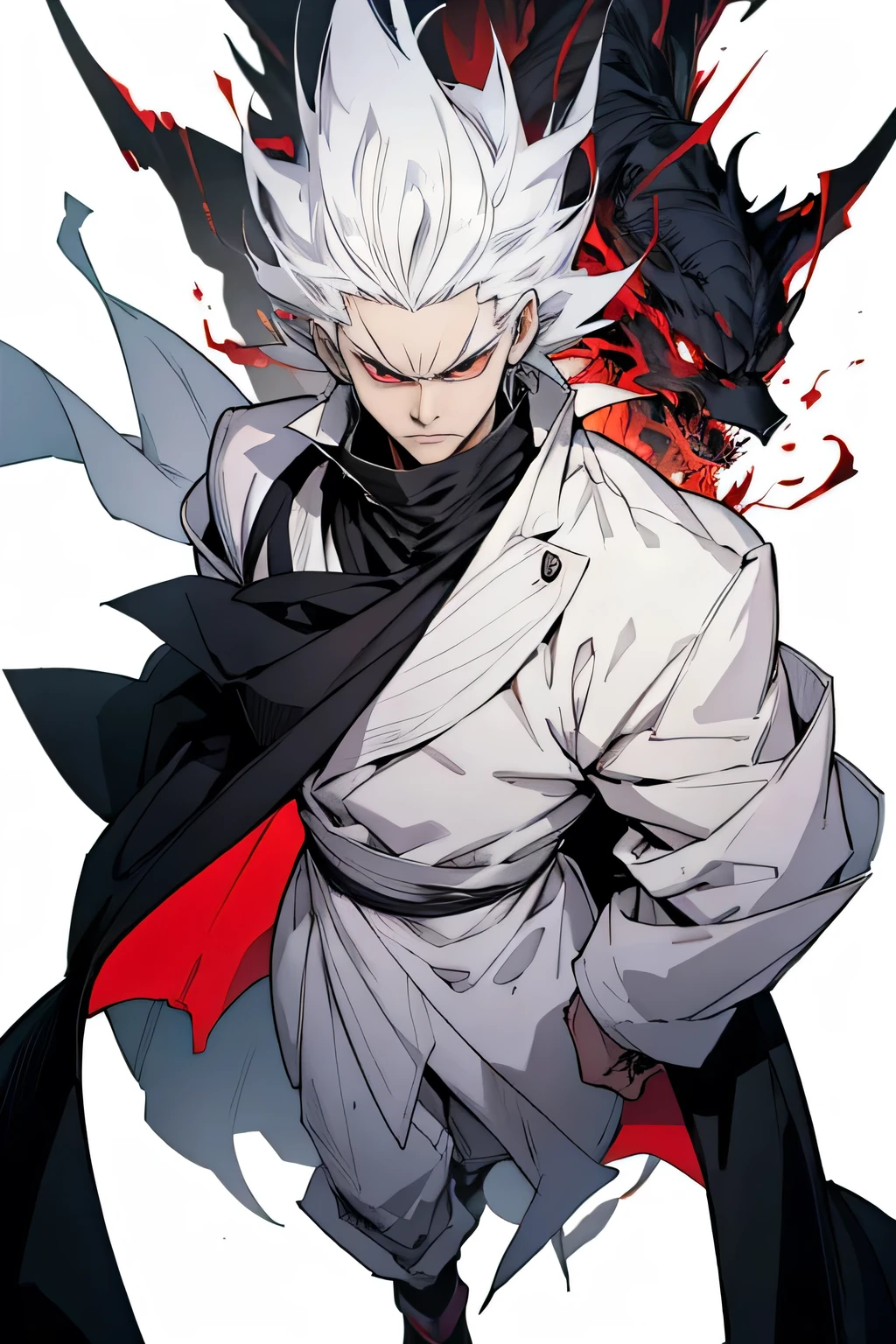 Full body anime illustration of a strong and elegant adult man, white skin, serious expression, long pointy white hair, very strong arms, wide chin, evil look, dark aura around, red eyes, wearing cloak, Hunter x Hunter style , line art by Yoshihiro Togashi, white background, high quality, anime, dark tones, villain, strong presence, professional, angry expression.