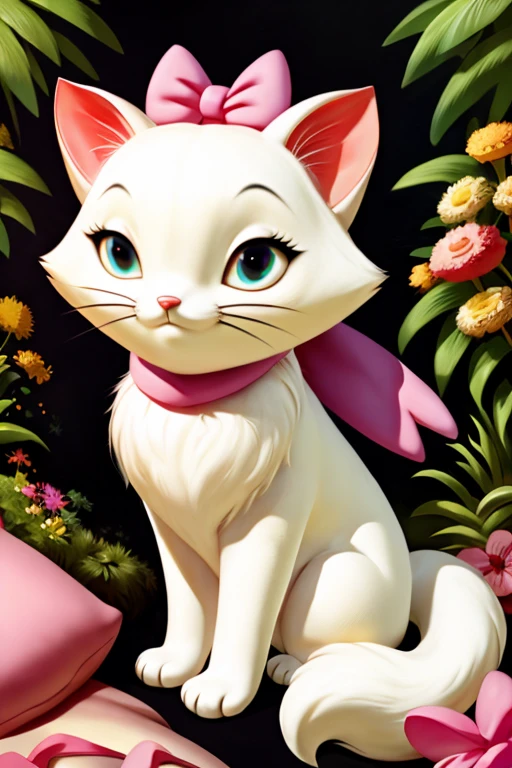 marie, white cat, pink ribbon on neck, small piggytail, fluffy tail, furry, fluffy fur, happy, playing with a butterfly, hi-res, high definition, cartoon, very detailed, garden, background on depth, very colorful background, whimsical, disney style, cinematic, chibi, masterpiece, realistic

