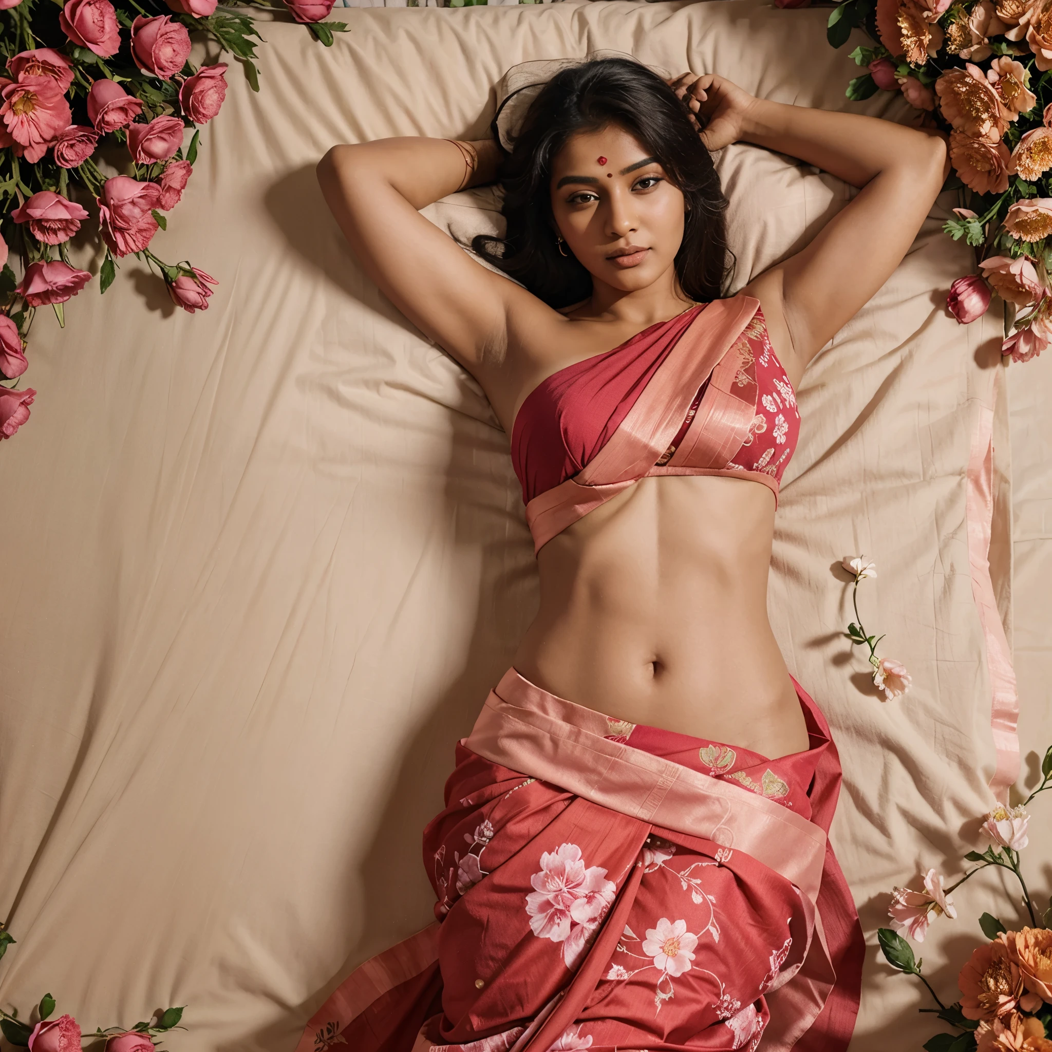 realistic full body beautiful indian woman in a bed of flowers in saree, pink with red flowers on it