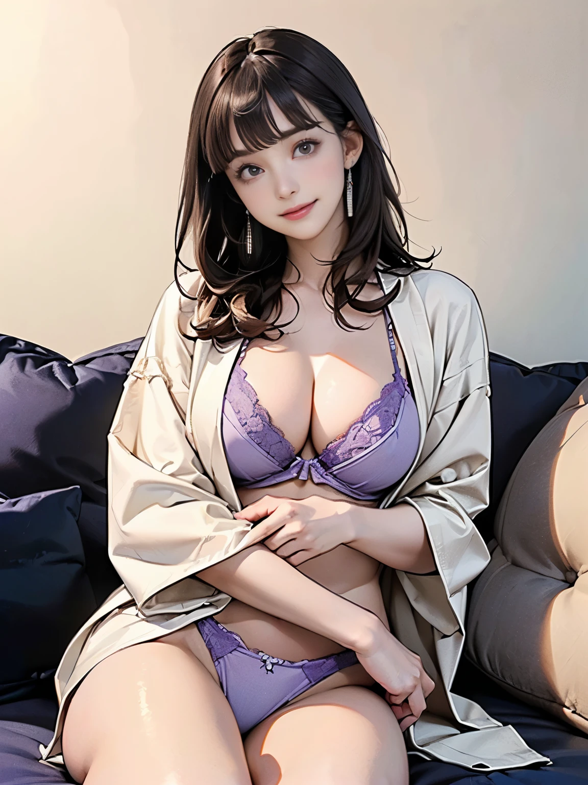 ((((highest quality))))、(((Ultra-precision CG16K wallpaper)))、(((masterpiece)))、(((Super detailed)))、(((Extreme detail)))、((1Mature 29 year old woman:1.6))、((Very beautiful Japanese faces))、((Yua Mikami:1.5))、((Straight medium hair、blunt bangs:1.5))、(Shiny brown hair)、Beautiful delicate brown eyes、eyeliner、eye shadow、High nose、Small nostrils、Small Mouth、Seductive lips、Beautiful breasts、((C cup size breasts))、Cleavage、Voluptuous body、eight-headed body、Perfect proportions、Perfect Anatomy、Perfect composition、Beautiful detailed shading、Beautiful, natural lighting、Beautiful detail glow、Depth of written boundary、(((High chroma)))、(((Real:1.9)))、((vivid:1.5))、((Beautiful Skin))、((Skin Texture))、((Realな皮膚感))、(((Cowboy Shot:1.6)))、((Front view、shoot from front、Front low angle:1.6))、(((smile:1.6)))、((The woman is looking at this、looking at viewer、Facing forward:1.6))、Bright daylight、Natural light、(((The woman is sitting leaning against a cushion、Leaning into the cushion:1.8)))、(((Putting hands behind head:1.8)))、(Fashion model pose:1.5)、(((White bathrobe、Light purple lace bikini lingerie:1.6)))、((Earrings、Wearing a necklace:1.3))、