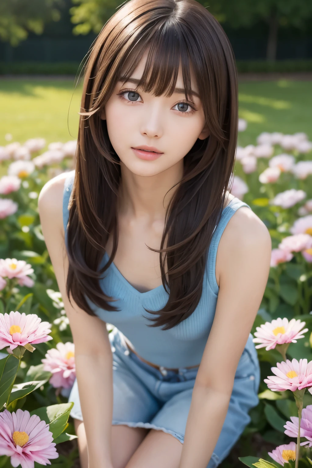 Slim and sharp facial contours、one girl、（beautiful girl、delicate girl：1.3）、（************：1.3）、break、（spring clothes：1.3）、break、very fine eyes、（symmetrical eyes：1.3）、break、（Countless flowers、In a colorful flower field:1.3)、Perfectly shaped and anthropomorphically correct fingers、break、small breasts、brown eyes、(((shortcut)))、parted bangs、brown hair、break、(Eye and face details:1.0)、break、(masterpiece、highest quality、Super detailed) 、detailed face、8k）、Full body view from the knee up、