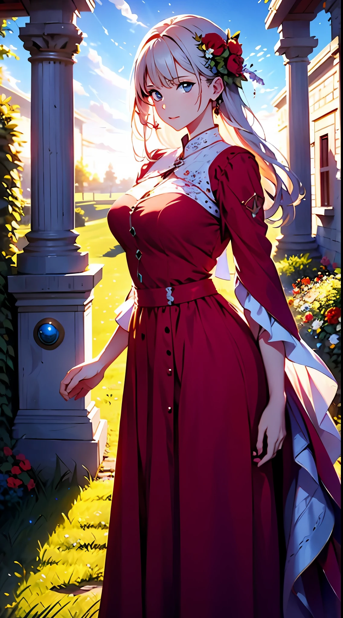 A woman's in a red dress,Blue sky and clouds in background, wears a white dress,There are flowers on it, Art germ, Rosla global lighting, a detailed painting, Fantasy art