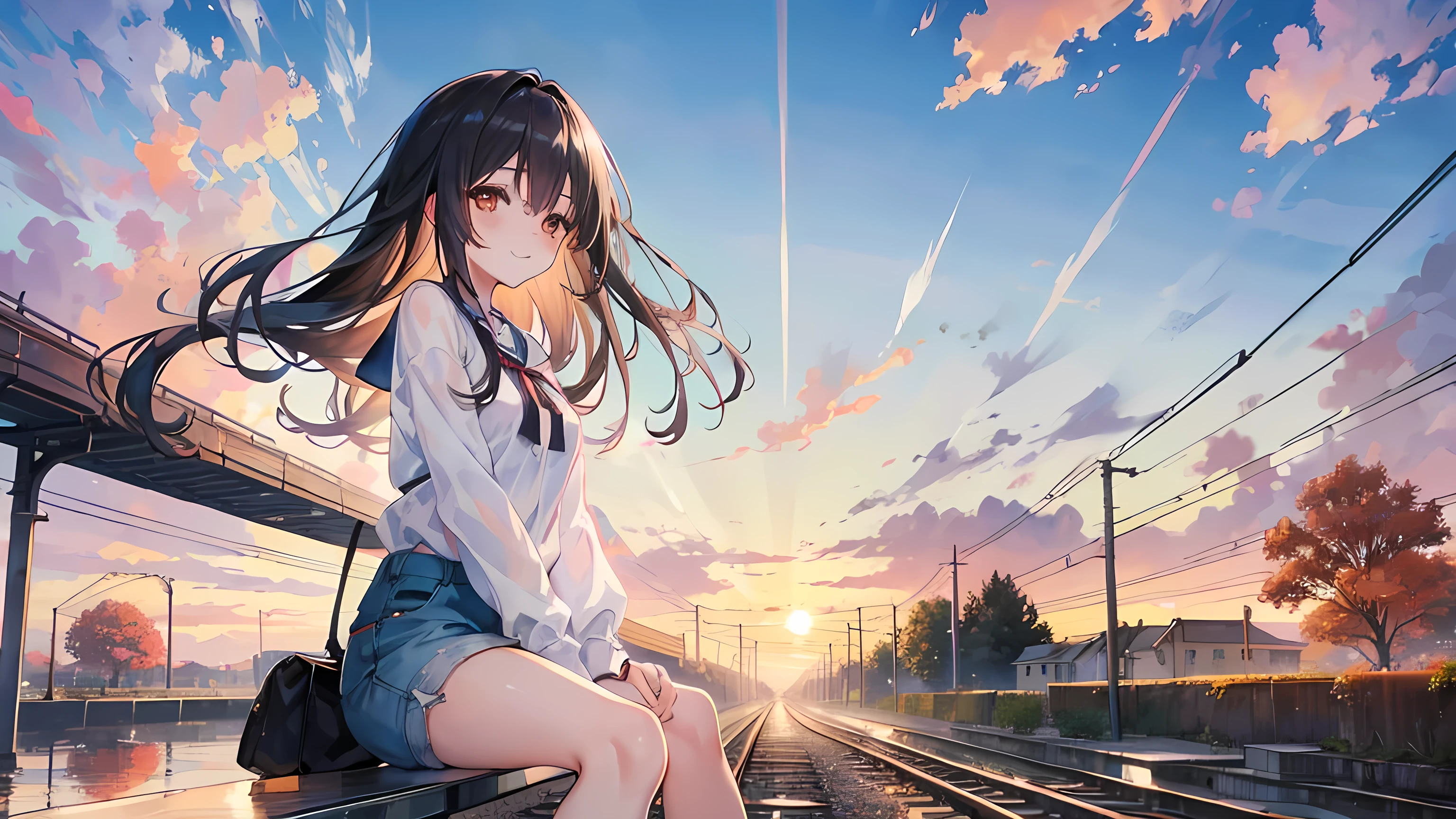 anime girl sitting on a bench, railway track in the background, sunset, wind, autumn, (1girl), long black hair, brown eyes, small breasts, white blouse, blue shorts, smile, blushes, beautiful anime artwork, amazing scenery, masterpiece, high res, 8k