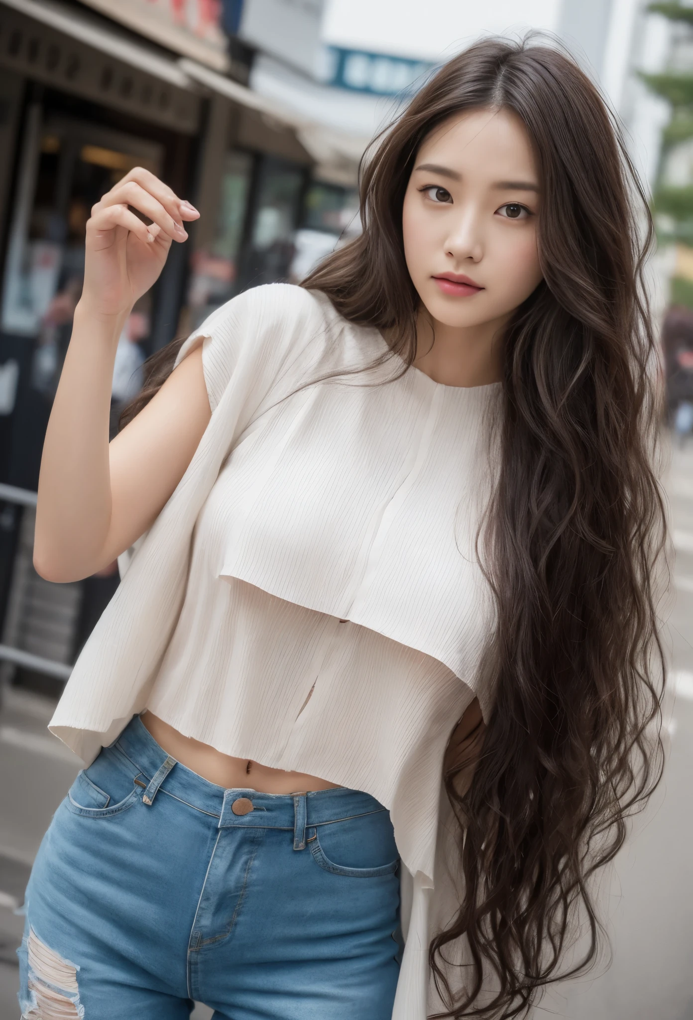 ((Top Quality 8K), Focus: 1.2, Perfect body: 1.4, Buttocks: 1.2, (Layered hairstyle, tits out: 1.2)), (Wet clothes: 1.1), (Street: 1.3), Shorts: 1.1, Highly detailed face and skin texture, Narrow eyes, Double eyelids, Whitening skin, Long hair, Loose and curly hair、constricted hair、Gi-hsin-sen、Korean Hair