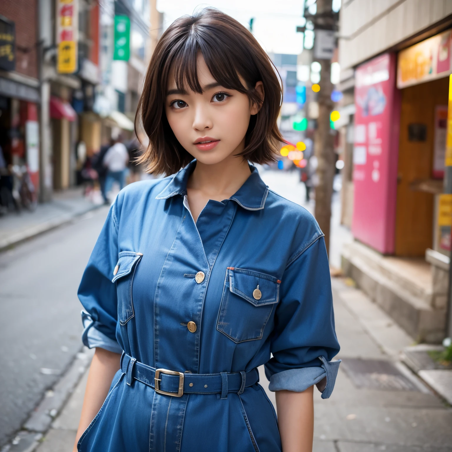 Best-quality, Masterpiece, Ultra-High-Resolution, (Photorealistic:1.4), Raw Photo, depth of field, professional lighting, perfect anatomy, extremely details, 1girl, Japanese idol, cowboy shot, extremely cute face, extremely beautiful and extremely big eyes, extremely beautiful short-cut-haired, extremely beautiful skins, realistic skin texture, extremely beautiful long-eyelashes, extremely beautiful lips, childish-body, wearing workwear-jumpsuit, looking at viewer, dynamic-pose