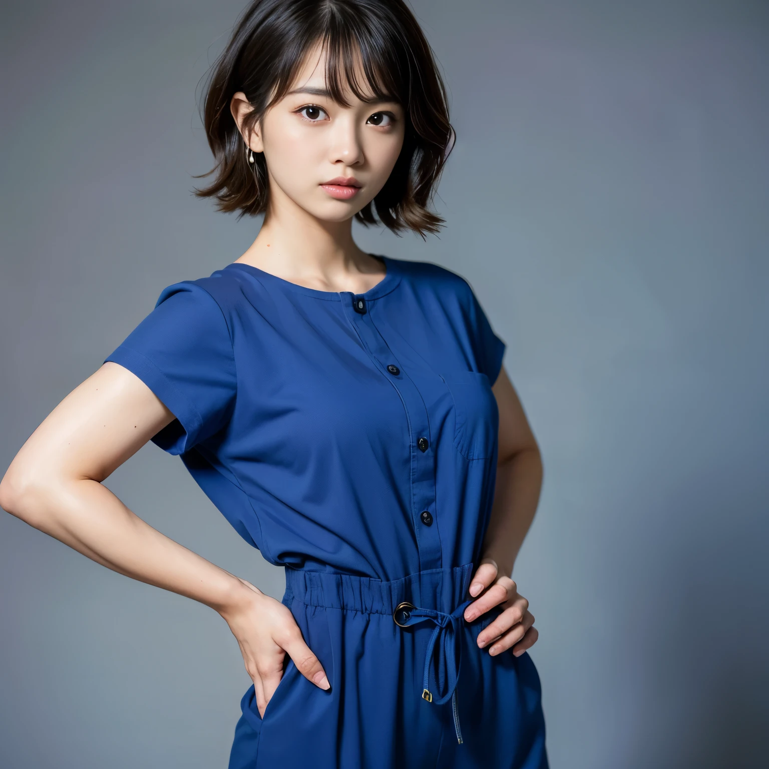 Best-quality, Masterpiece, Ultra-High-Resolution, (Photorealistic:1.4), Raw Photo, depth of field, professional lighting, perfect anatomy, extremely details, 1girl, Japanese idol, cowboy shot, extremely cute face, extremely beautiful and extremely big eyes, extremely beautiful short-cut-haired, extremely beautiful skins, realistic skin texture, extremely beautiful long-eyelashes, extremely beautiful lips, childish-body, wearing workwear-jumpsuit, looking at viewer, dynamic-pose