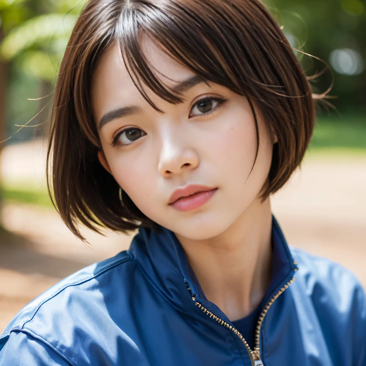 Best-quality, Masterpiece, Ultra-High-Resolution, (Photorealistic:1.4), Raw Photo, depth of field, professional lighting, perfect anatomy, extremely details, 1girl, Japanese idol, cowboy shot, extremely cute face, extremely beautiful and extremely big eyes, extremely beautiful short-cut-haired, extremely beautiful skins, realistic skin texture, extremely beautiful long-eyelashes, extremely beautiful lips, childish-body, wearing workwear-jumpsuit, looking at viewer, dynamic-pose