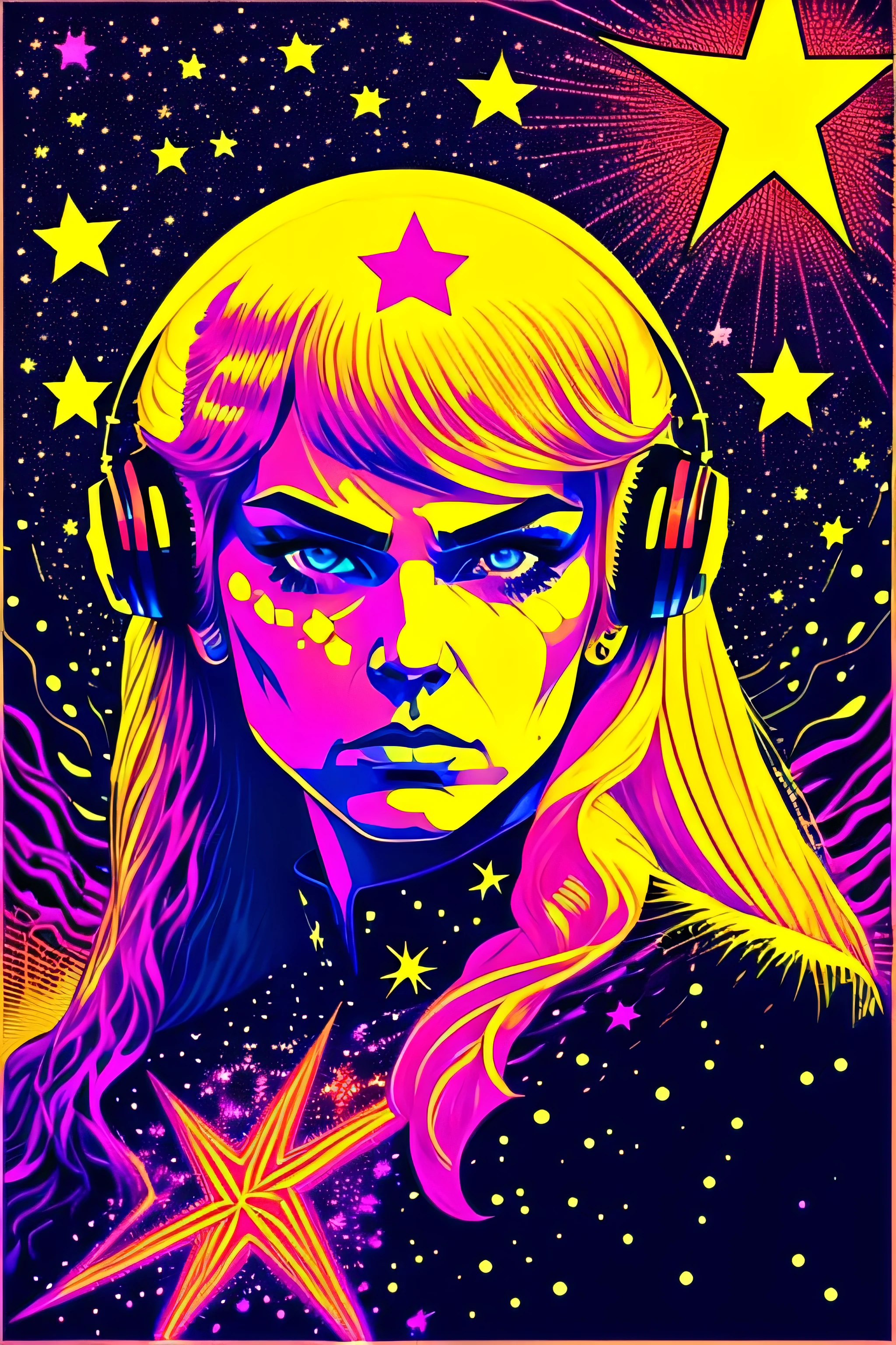psychedelic poster of angry DJ blonde in the stars