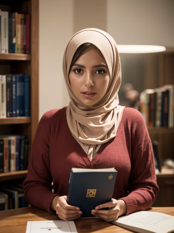teacher, super realistic 3/4 shot, passionate pose, professional photography portrait of a 30 year old female teacher in a classroom, very realistic skin, cinematic lighting, very original hijab fabric details, glasses, holding a book, muslimah clothing, transparent button-up shirt with right and left pockets, long slave, transparent long skirt, (big hips: 1.3), tight cotton dress, bubble butt, smiling, looking at the camera, (masterpiece :1.0),
