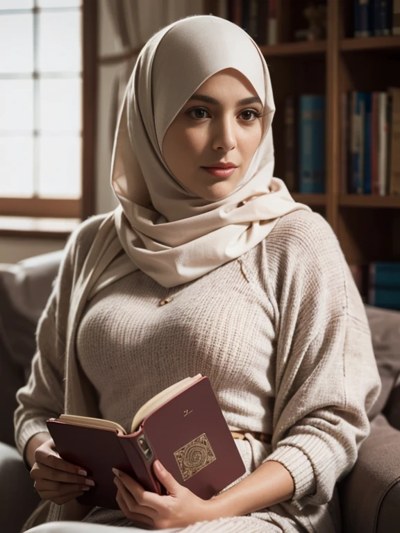 Photo of a woman with 75 years, beautiful brunette ((Model)) Islamic women, Looking forward seated, Light brown eyes, wavy hair, very imposing, feature of security and elegance, ((wearing palitó well ally)), (hypnotic), very detailed face, beautiful eyes, [in good shape],is holding a book apparently is a Al-Qur'an and behind a bookshelf, lovely,  (Rembrandt Lighting), zeiss lens, ultra realistic, (highly detailed skin: 1.2), 8k uhd, dslr, Dramatic Rim light, high quality, Fujifilm XT3,