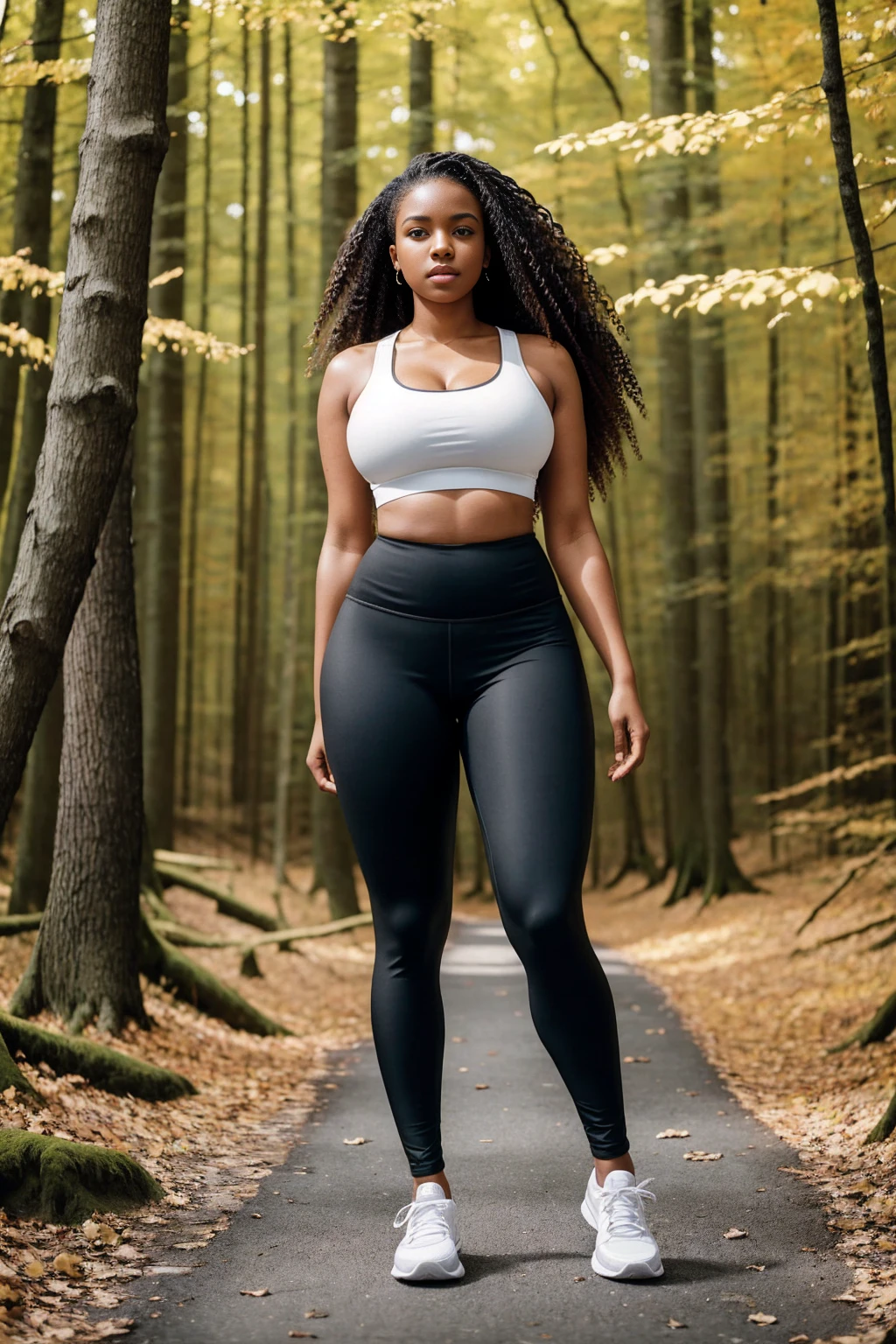 portrait of a beautiful brown african american woman, beautifull wavy hair, wearing black leggings pants, wearing black sports bra, wearing white shoes, doing her morning walk in the forest, autumn, 4k, busty, high resolution, instagram model, big breasts