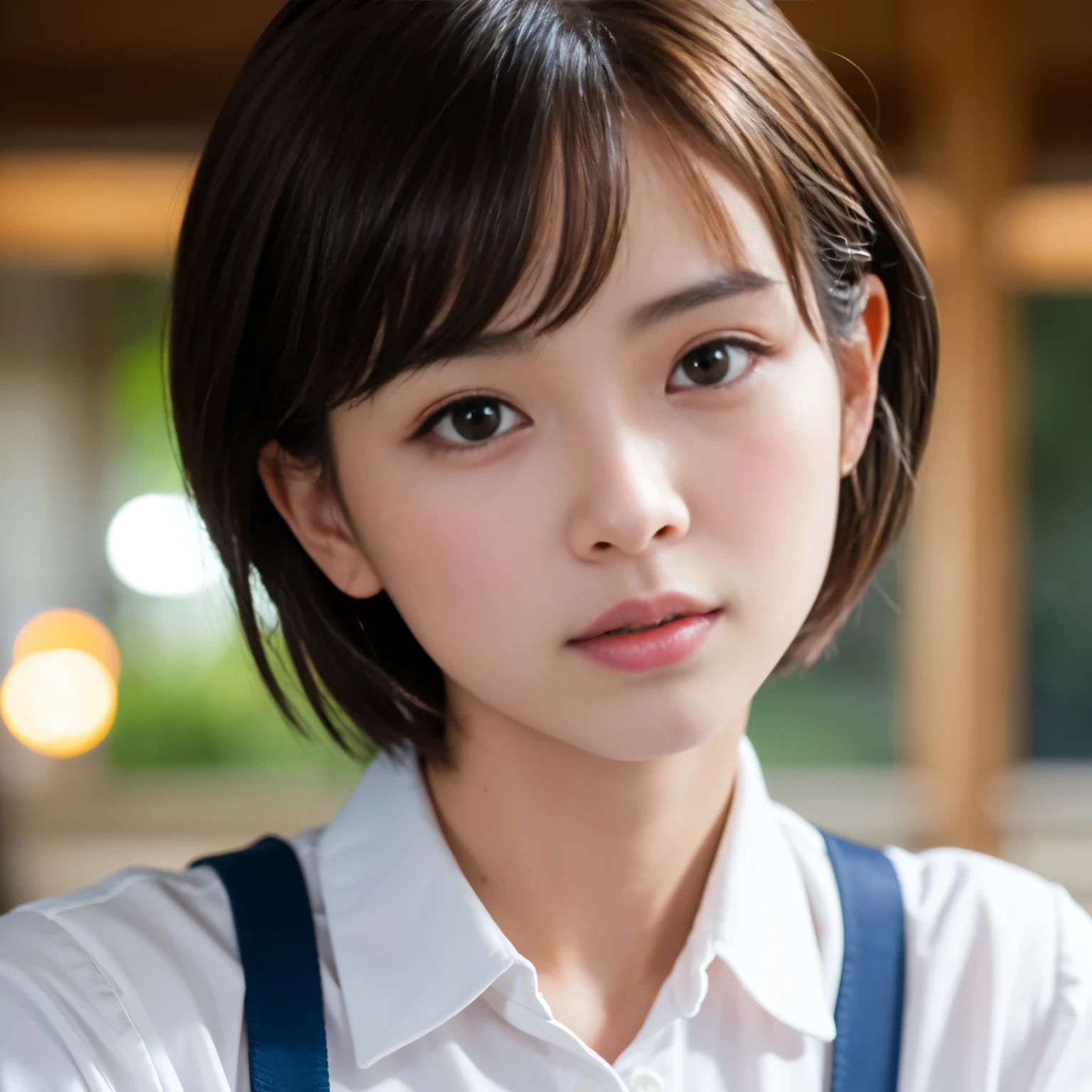 Best-quality, Masterpiece, Ultra-High-Resolution, (Photorealistic:1.4), Raw Photo, depth of field, professional lighting, perfect anatomy, extremely details, 1girl, Japanese idol, cowboy shot, extremely cute face, extremely beautiful and extremely big eyes, extremely beautiful short-cut-haired, extremely beautiful skins, realistic skin texture, extremely beautiful long-eyelashes, extremely beautiful lips, childish-body, wearing workwear-coveralls, looking at viewer, dynamic-pose