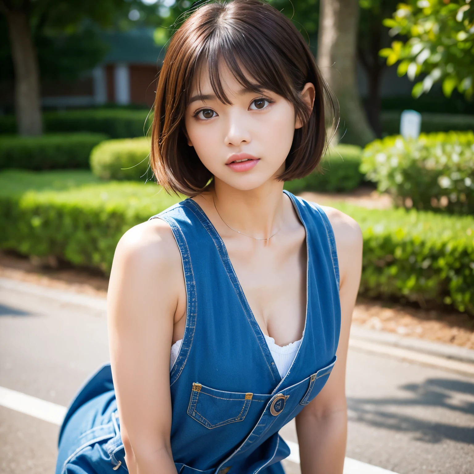 Best-quality, Masterpiece, Ultra-High-Resolution, (Photorealistic:1.4), Raw Photo, depth of field, professional lighting, perfect anatomy, extremely details, 1girl, Japanese idol, cowboy shot, extremely cute face, extremely beautiful and extremely big eyes, extremely beautiful short-cut-haired, extremely beautiful skins, realistic skin texture, extremely beautiful long-eyelashes, extremely beautiful lips, childish-body, wearing workwear-coveralls, looking at viewer, dynamic-pose