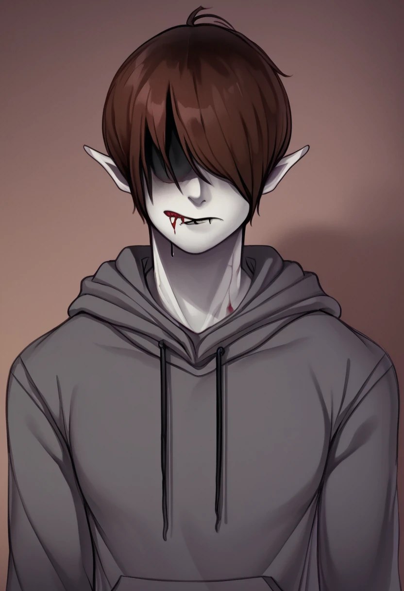 eyeless jack, creepypasta, grey hoodie, empty sockets dripping tar, grey skin, short brown hair, male, pointy ears
