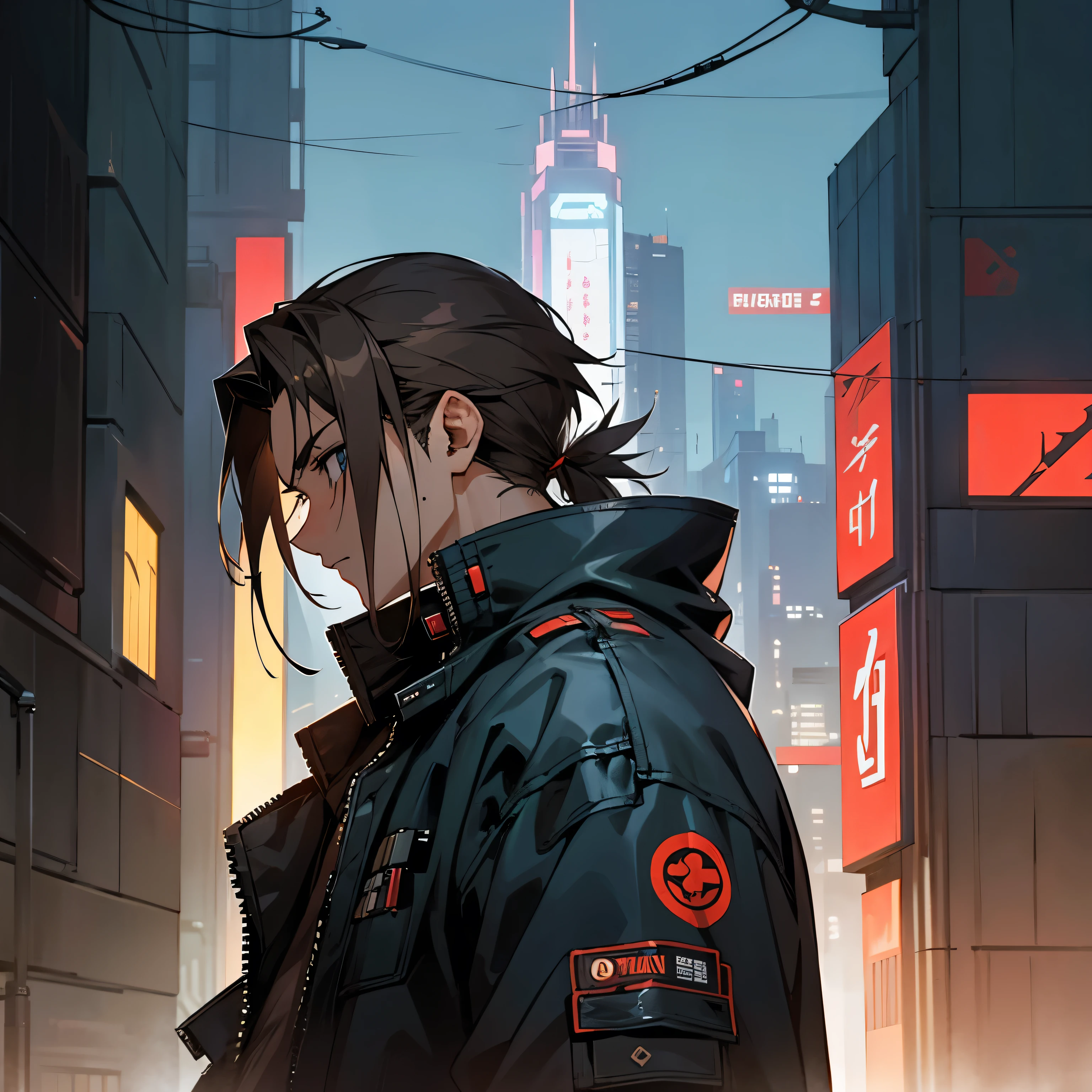 anime style, cyberpunk themed, male brown graying hair, black tec jacket, side profile, looking and future city