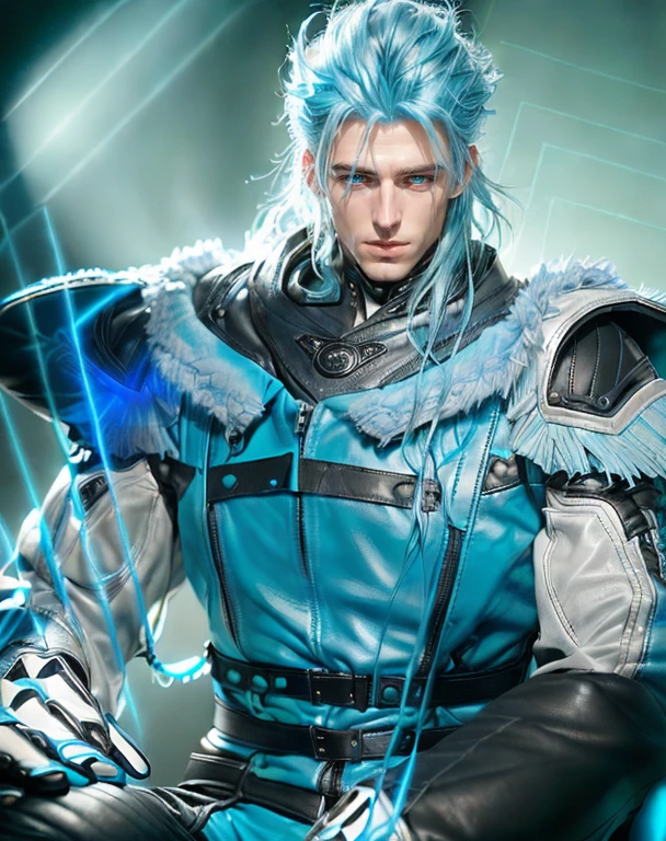 A boy with long blue hairs, blue leather jacket, metal shoukders pads, blue light from fingers, (((((photorealistic style raw))))