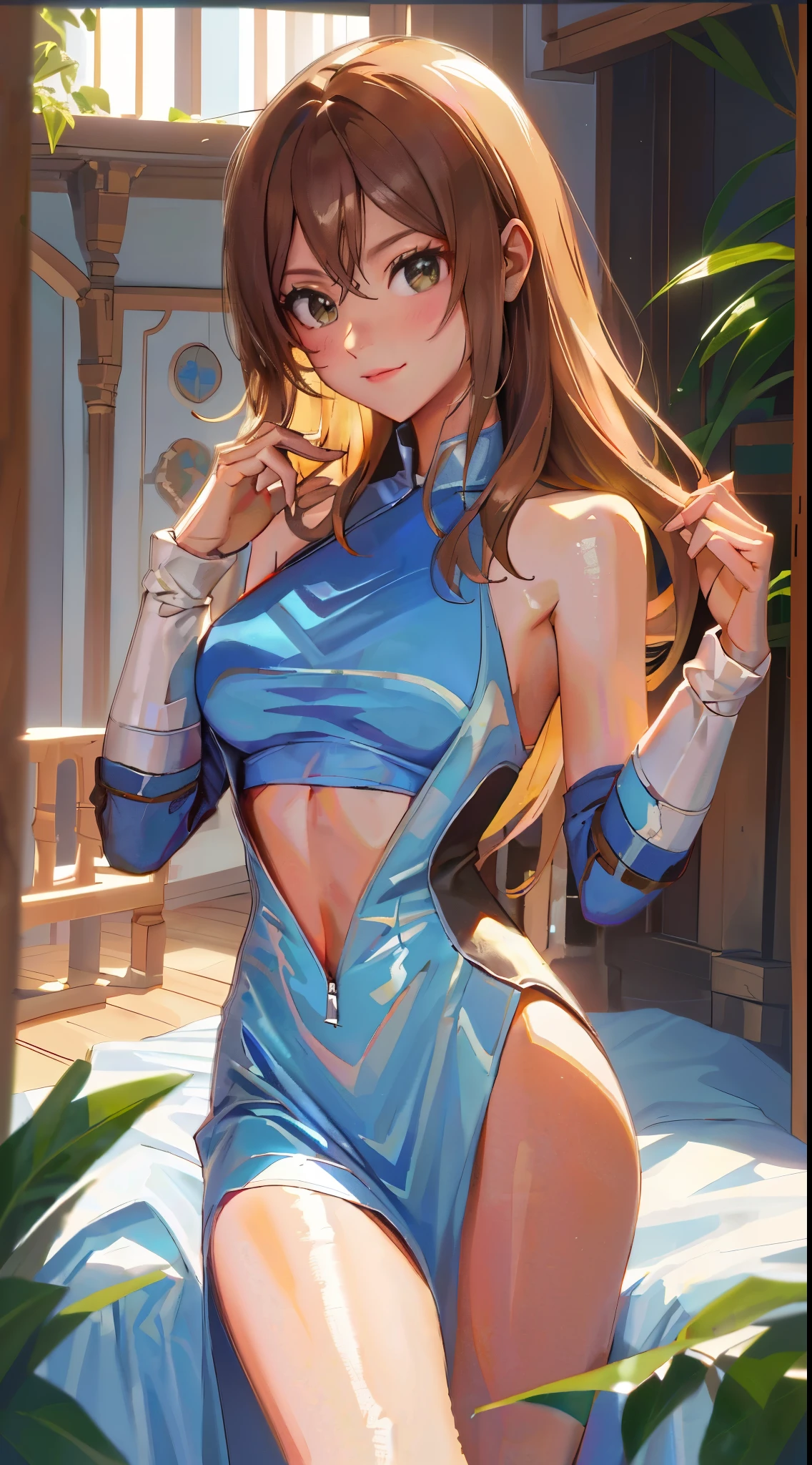((melhor qualidade, 8k, obra de arte: 1.3)), (sharp focus: 1.2), (uma mulher, sorriso sutil, sensual), (corpo inteiro incluindo pernas), morena, defined muscles, erotic, deitado, pernas abertas, seios grandes: 1.3), ((Corte de cabelo em camadas, seios grandes, grande 1.2)), (deitado, pernas abertas), (quarto, cama de casal, janela para o jardim, morning sun: 1.2), ((corpo molhado: 1.1)), (Lingerie simples e muito transparente), Textura facial e da pele altamente detalhada, olhos detalhados, double eyelid, bronzeada skin, sensual, bronzeada