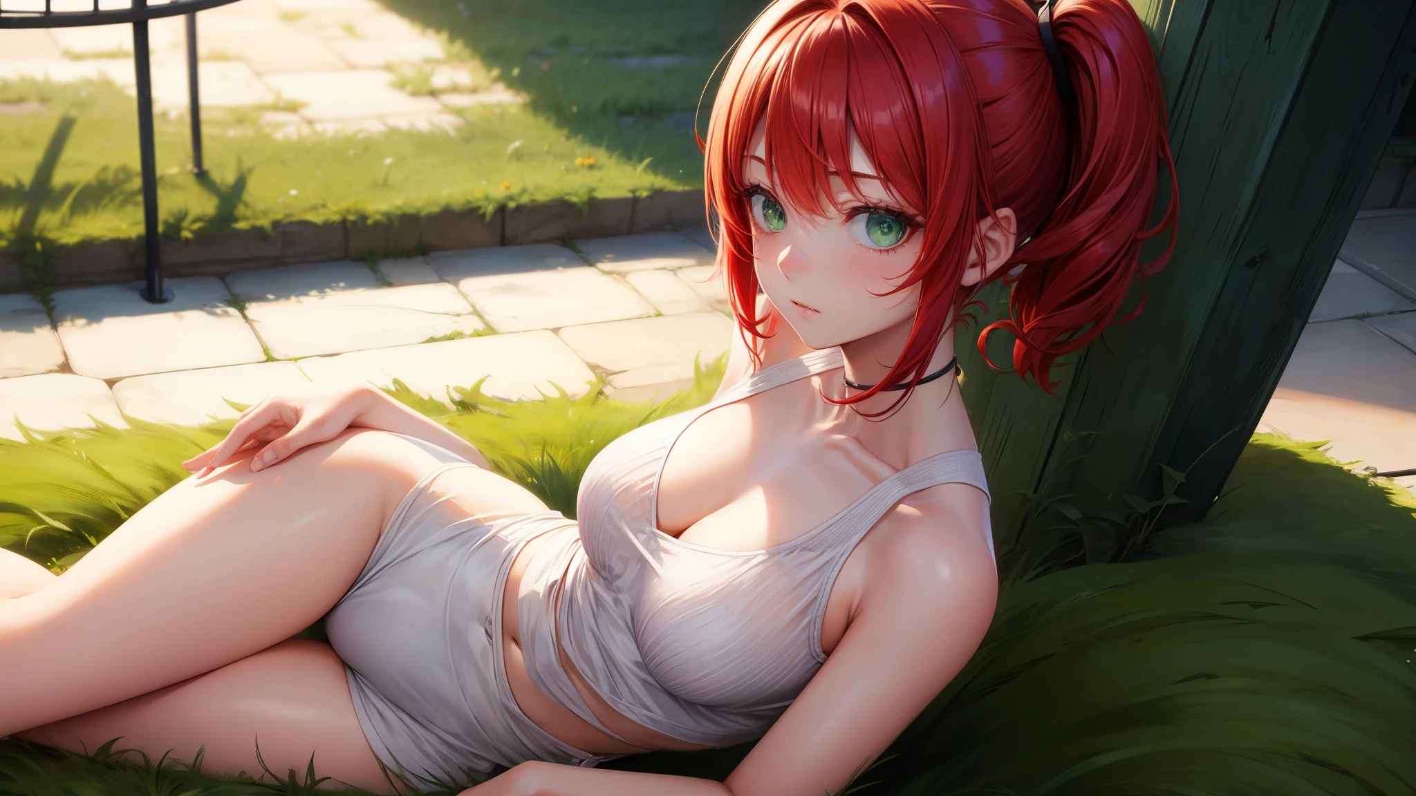 Best quality, ultra high resolution, 1 girl, Red hair, Green eyes, short and thin body, short top with a neckline, ((shyexpression)),
