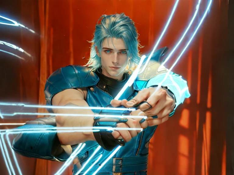 A boy with long  blue hairs, blue leather jacket, metal shoukders pads, blue light from fingers, (((((photorealistic style raw))))