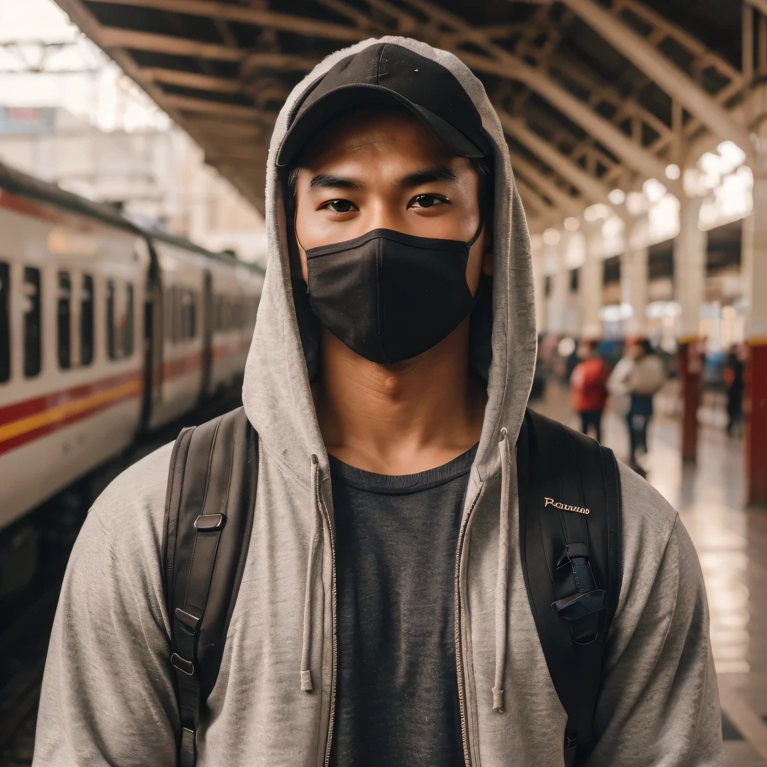 (8K, RAW Photos, Highest Quality, Intricate Details), Candid photo of a 30 year old indonesian man, kinda fat muscle, nature skin, very short hair, wearing a hoodie and cap, in the peron train station, standing, with train background, photography.