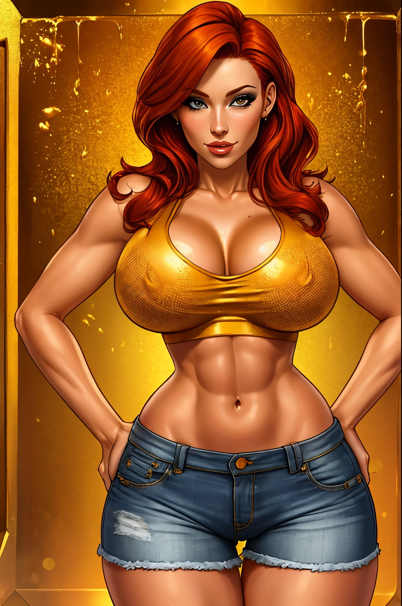 sexy redhead girl covered in golden honey, daisy dukes