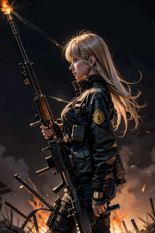 {{masterpiece, highest quality, Highly detailed CG, unity 8k wallpaper, Cinema Lighting, Lens flare}}, Girl Shooting Rifle, A broad perspective, whole body, Thick body, Long blonde hair, Green Eyes, (Have a weapon, Hold the rifle, Targeting, Target, fire, Firing:1.4), gun, h&HK416, carbine, (Side view:1.4)