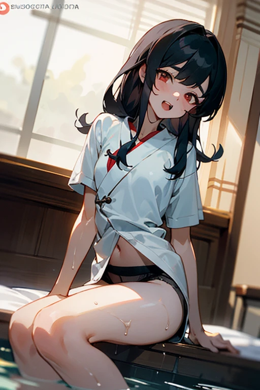 ((mejor calidad)), ((Obra maestra)), (detallado), cara perfecta, Joven de cabello  largo y lacio, ojos rojos, pale skin, asian factions, 19 years, esbelta, busto mediano, bonitas curvas, estilo anime, elegante, only character in the image, red eyes, waiting for you, cute face, , in love with the viewer, black hair, drunked, , , white t-shir, wet, black panties, bedroom, wet clothes
