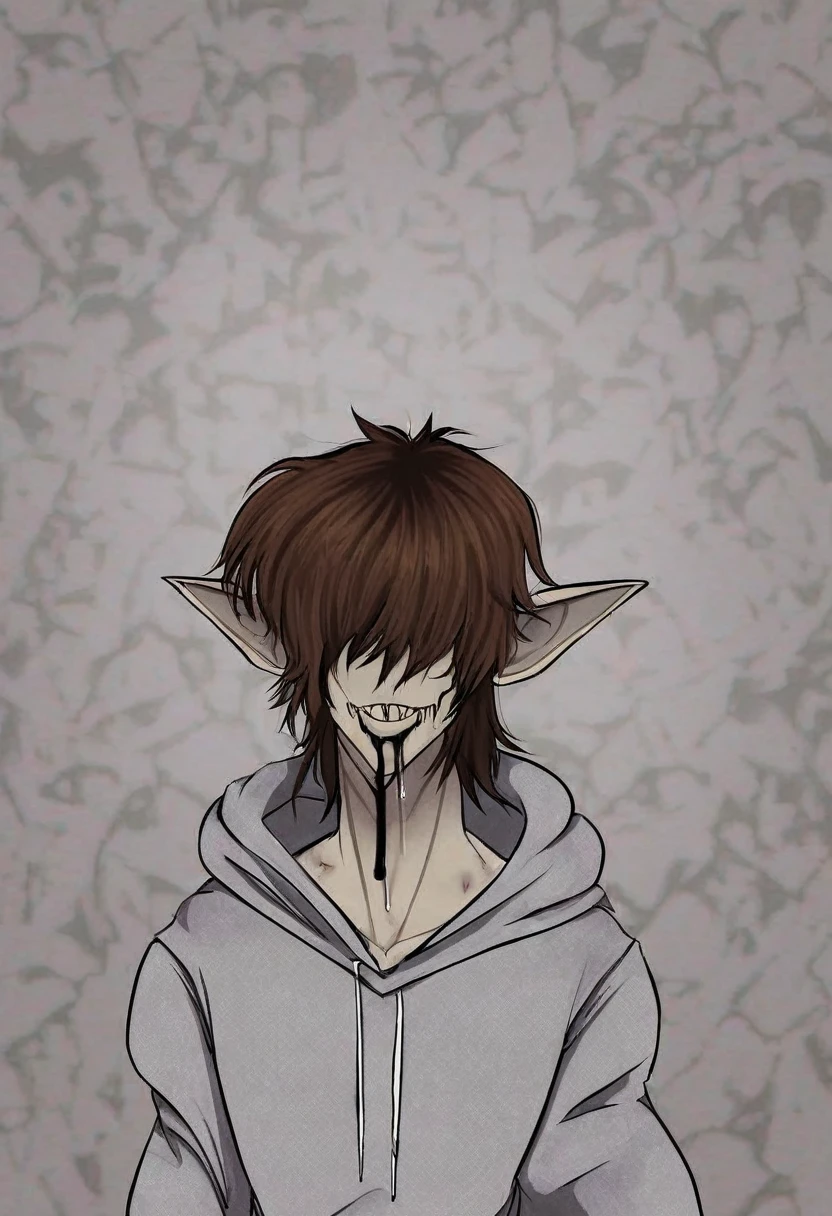  eyeless jack, creepypasta, grey hoodie, empty sockets dripping tar, grey skin, short brown hair, male, pointy ears