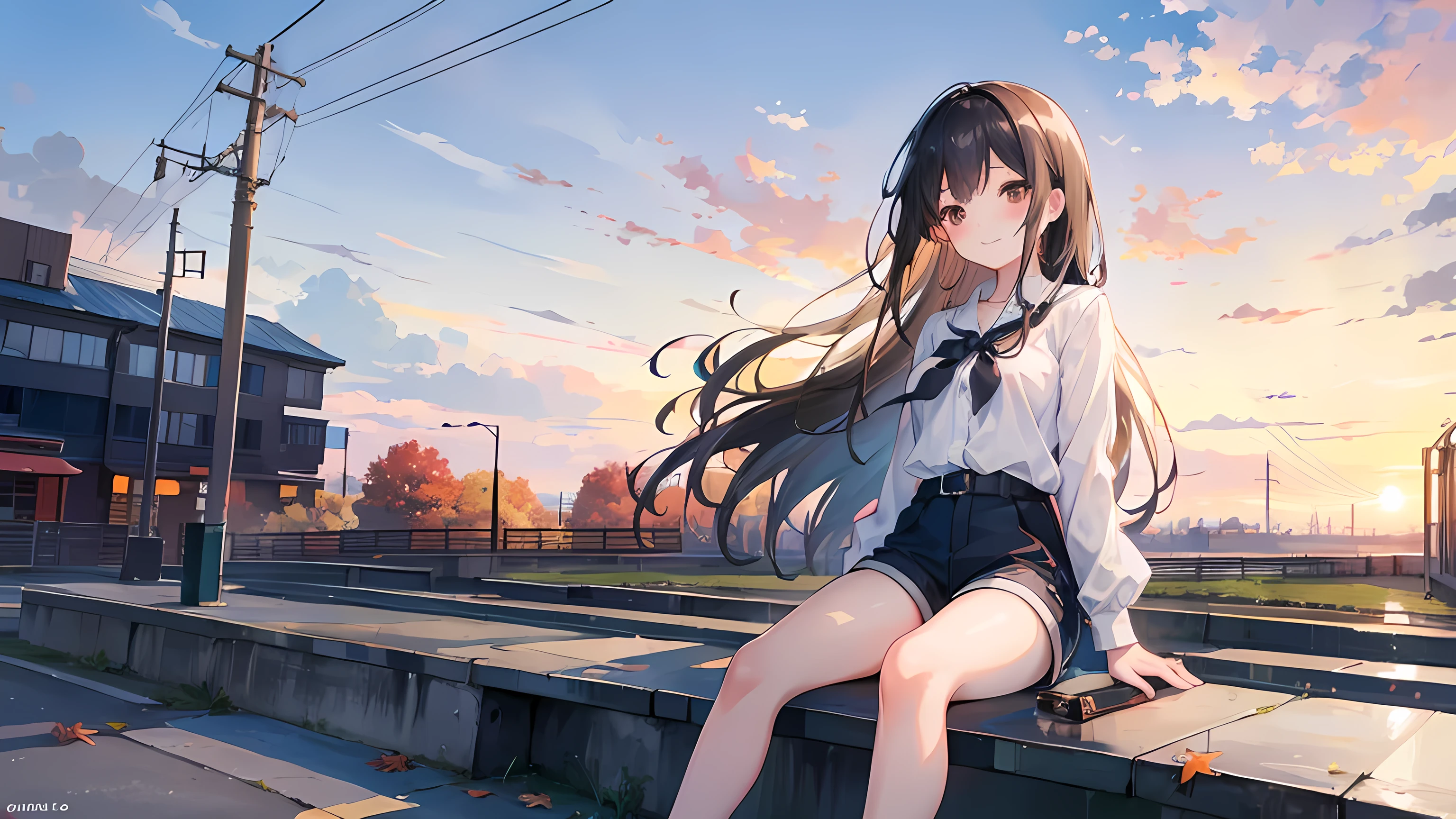 anime girl sitting on a bench, train in the background, sunset, wind, autumn, (1girl), long black hair, brown eyes, small breasts, white blouse, blue shorts, smile, blushes, expressive eyes, beautiful anime artwork, amazing scenery, masterpiece, high res, 8k